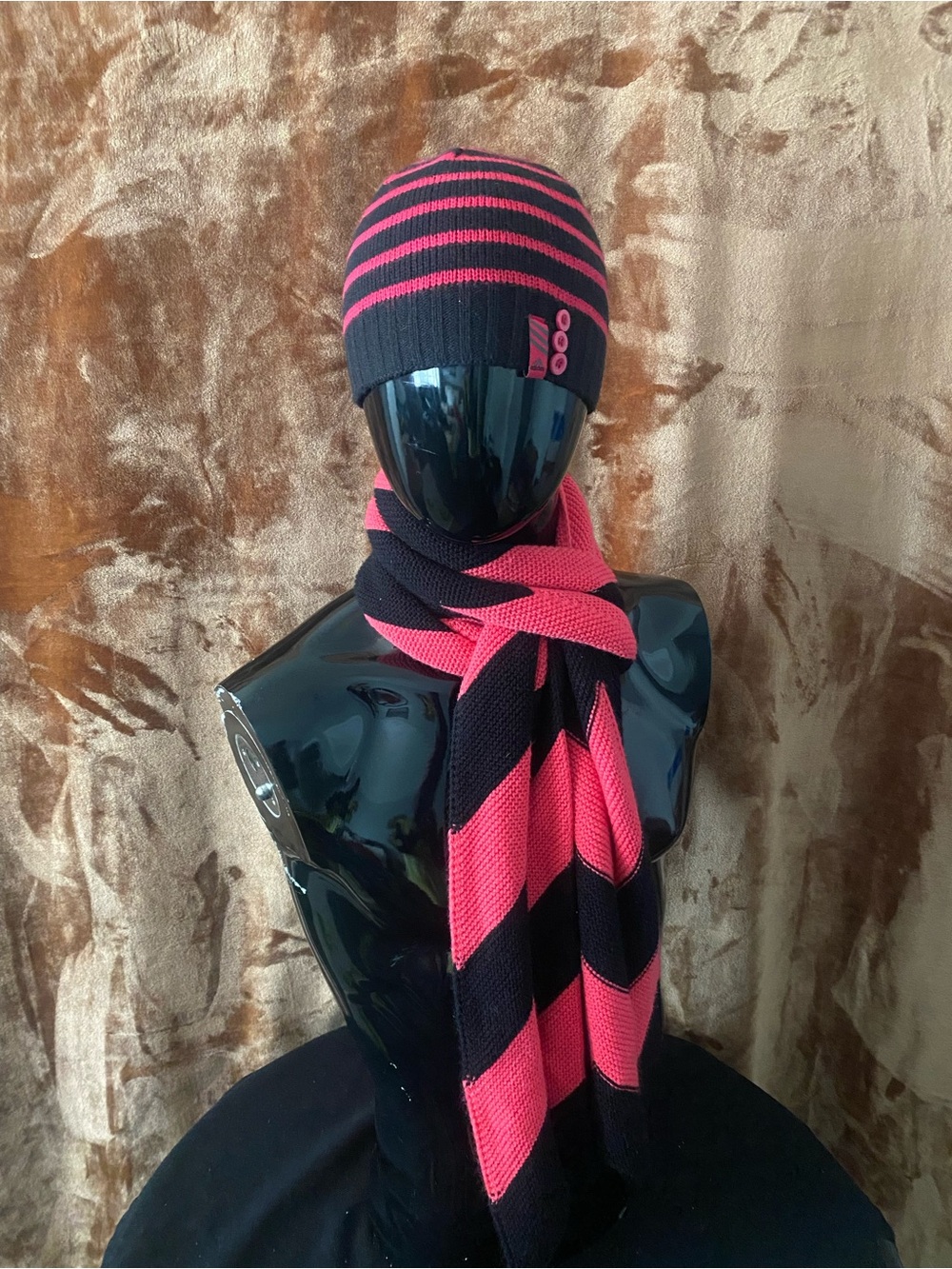 Black & Pink Striped Knit Beanie and Scarf Set